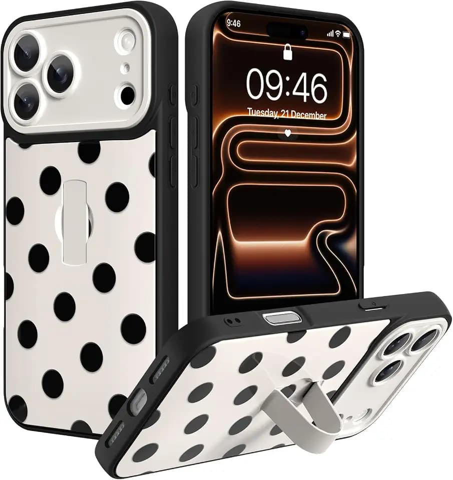 SOKAD for iPhone 17 Pro Max Case with Finger Strap Stand, White Polka Dots