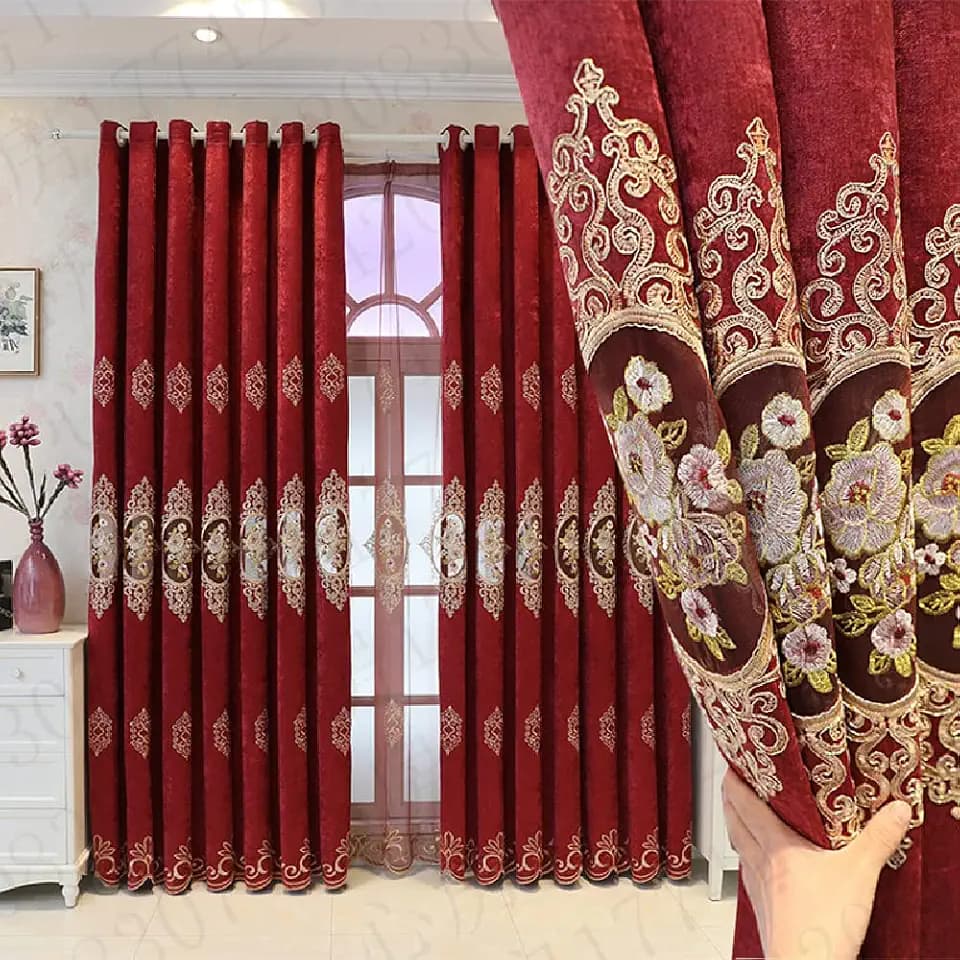 Amidoudou 1 Pair European Luxury Jacquard Hollow Curtains Embroidered Chenille Curtains for Living Room Bedroom (Red,51x90 Inch)