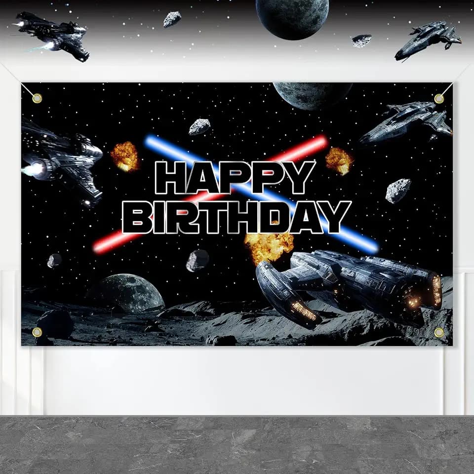 Space Battleship Wars Themed Birthday Decorations Backdrop Banner, Large Size 3 x 5Ft Star Galaxy Universe Background Banner for Baby Boys Kids Party Decorations