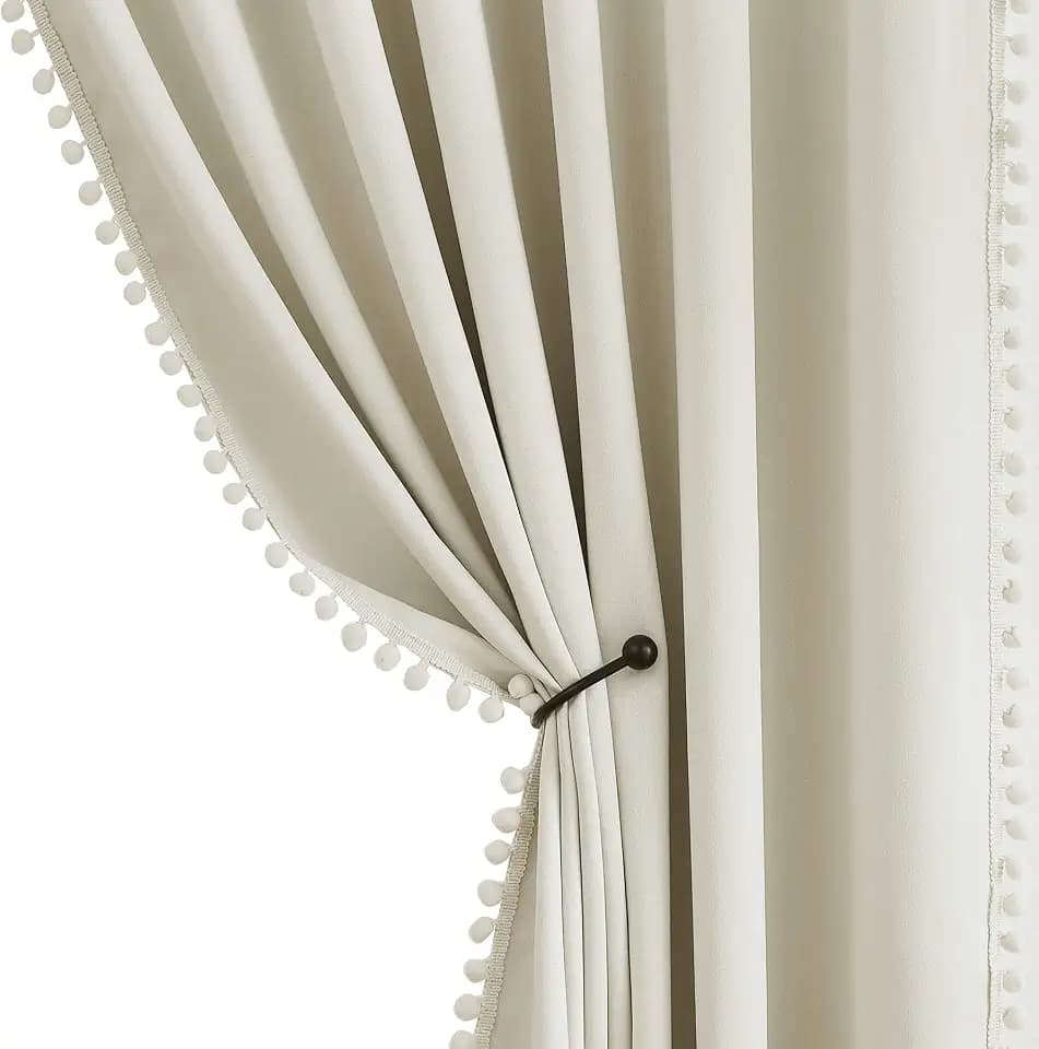 Treatmentex Pompom Window Curtains for Living Room Bedroom 95 inch Triple Weave Half Blackout Window Curtains for Hotel Guest Room Drapes 52" w x2 Panels Rod Pocket