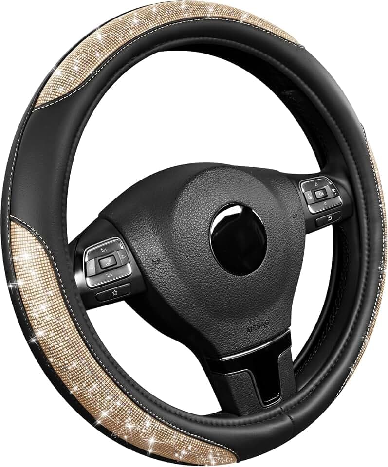 Road Comforts Pixel Glitter Steering Wheel Cover, 14.5–15 Inch Leather Steering Wheels Snug Fit, Anti-Slip Leather Grip, Elegant Sparkle Design, Universal Fit - Golden