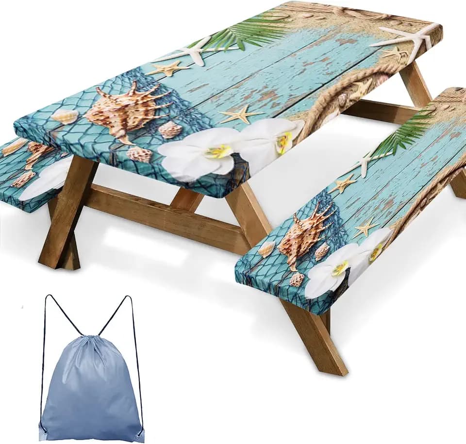 Picnic Table Cover with Bench Covers, Beach Ocean, 3 Pack, 72 Inch