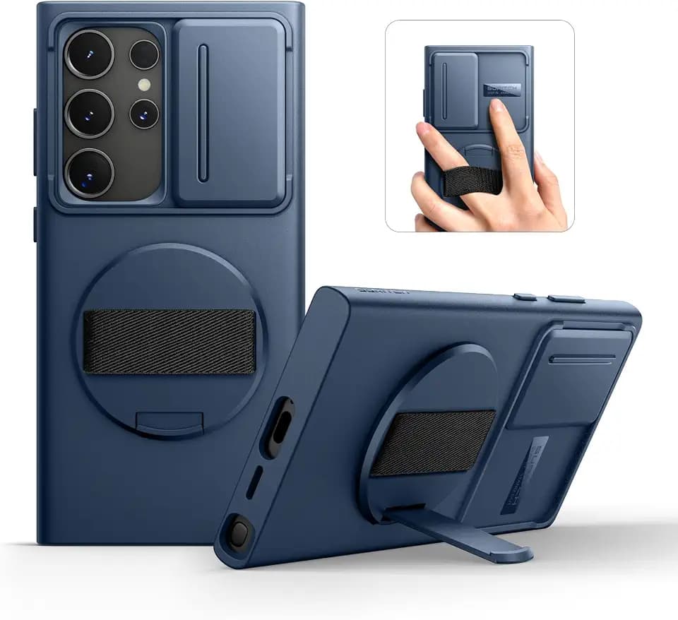 SURITCH for Samsung Galaxy S24 Ultra Case [No Magnet Ring][360° Rotatable Phone Grip][Invisible Kickstand][Slide Camera Cover] -Dark Blue