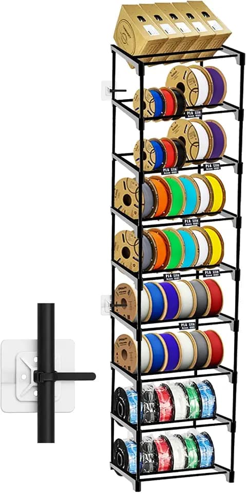 9-Tier 3D Printer Filament Storage Rack, Holds Up to 54 1kg Spools, Space-Saving Carbon Steel Spool Holder Organizer with Anti-Tip Kit, Modular Maker Workspace Storage System, Tool-Free Assembly