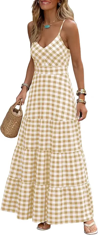 Caracilia Womens Summer Gingham Striped Flowy Spaghetti Strap Maxi Dress