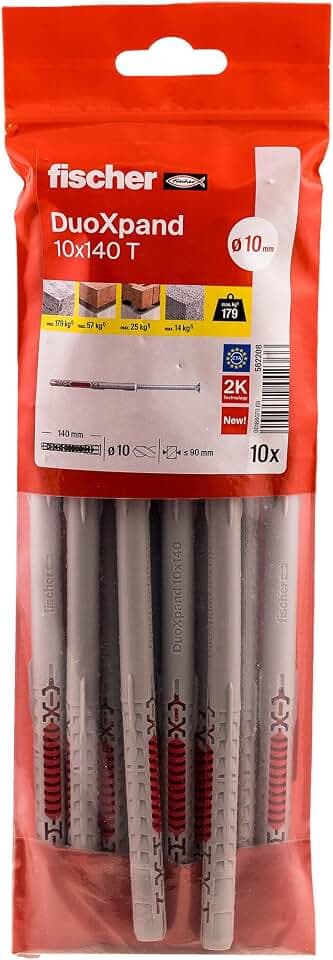fischer DuoXpand 10 x 140 T, hochwertiger Universaldübel mit verzinkter Senkkopfschraube (10 Stk.), Dübel für starken Halt, ideal für poröse Baustoffe & randnahe Verankerungen im Innenbereich