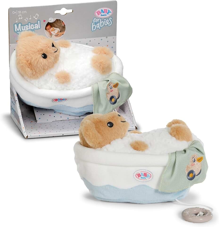 BABY Born for Babies Spieluhr Teddy 18 cm mit Musikmodul, waschbar | Plüsch-Teddy in Badewanne, herausnehmbares Musikmodul, sanfte Schlafmelodie, waschbar, ab Geburt