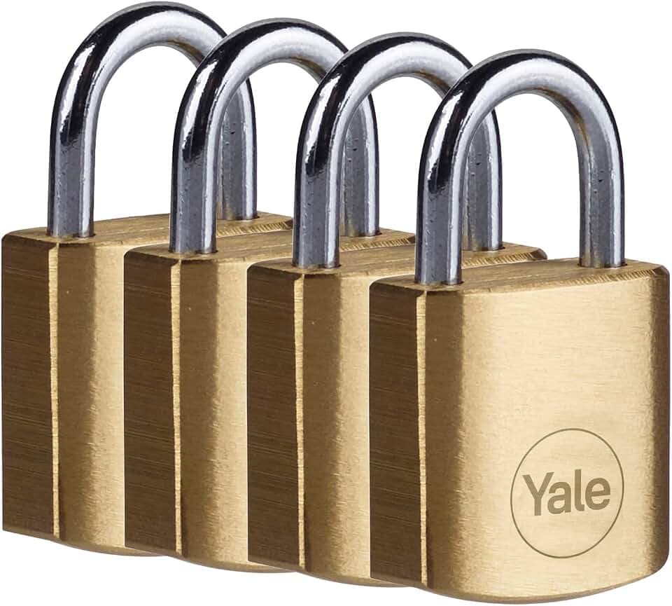 Yale Y110B/20/111/4, Standardsicherheit, 20 mm, Messing, Vorhängeschloss, offener Bügel aus Stahl, Ø 3,3 mm, inkl. 4 gleichschließende Schlüssel, 4er Set, für Spind, Werkzeugkiste, Schrank