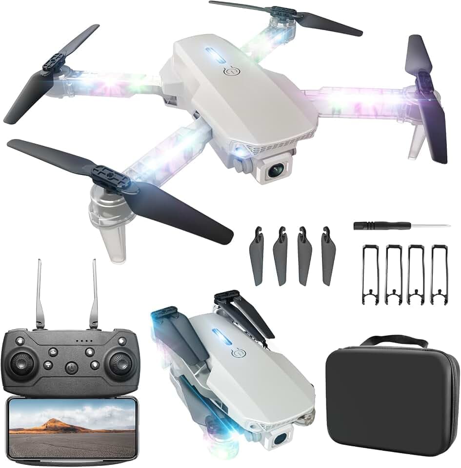 BEZGAR LED Lights Drone with Camera for Adults and Kids Beginners, White
