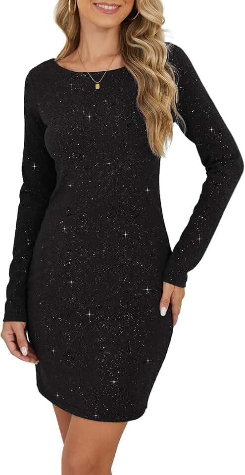 YUTILA Damen Glitzer Cocktailkleid mit Langarm (Lined, Non transparent)