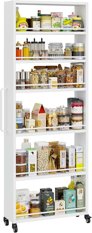 6-Tier Slim Rolling Storage Cart with Wheels, 8-Inch Deep Metal Utility Cart for Kitchen, Bathroom, Laundry, Craft Room – Narrow Design for Easy Organization and Mobility (White)