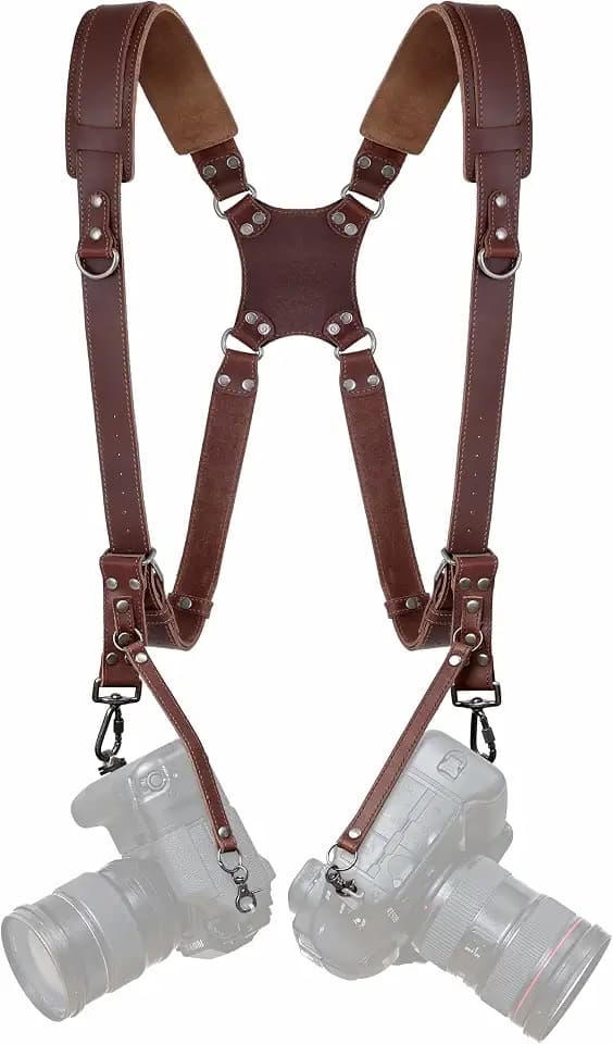 Padwa Lifestyle Dark Brown Dual Camera Harness for Two Cameras - Wide Strap with Thick Shoulder Padded,Full Grain Leather Double Harness,Multi Camera Gear for DSLR Strap for Photographers