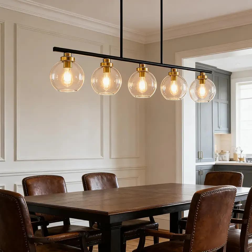 Black Globe Glass Chandeliers - 5 Lights Large Clear Glass Chandelier for Dinning Room, Adjustable Height Pendant Light for Kitchen, Linear Island Light, Hanging Ceiling Light for Living Room