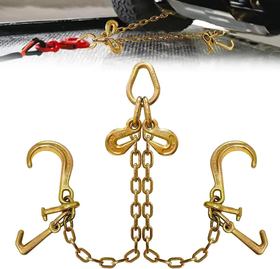 G80 V Bridle Chain 5/16 in × 2 Ft Tow Chain with 8 in J Hooks and Grab Hooks Heavy Duty Trailer Transport Tow Chains Bridle with 5400 Lbs Working Load Limit Trailer Accessories for Flatbed