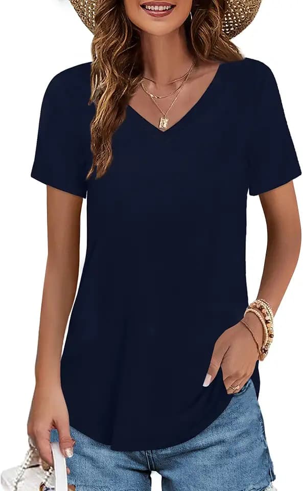 Elesomo Womens T Shirts V Neck Summer Short/Long Sleeve Cotton Tops