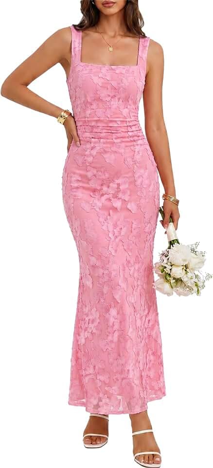 BORIFLORS Women's Bodycon Square Neck Floral Wedding Guest Maxi Dress