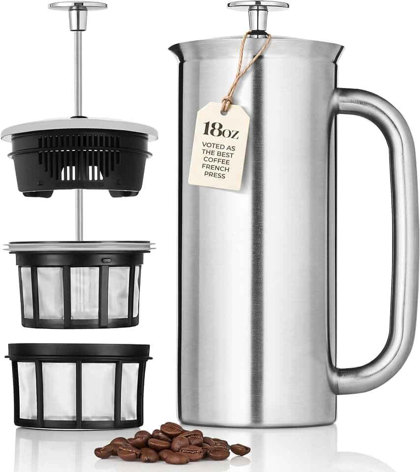 ESPRO – P7 French Press – doppelwandiger, isolierter Kaffee- und Teebereiter aus Edelstahl mit Mikrofilter – hält Getränke länger heiß, perfekt für Zuhause (gebürsteter Edelstahl, 18 oz)