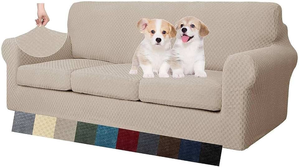 MAXIJIN Stretch Sofabezug 3 Sitzer Thick Couchbezug mit Separatem 3 Kissenbezügen Schonbezug Sofa für Wohnzimmer mit Elastische Bänder und Schaumstoffstäbe (3 Sitzer, Khaki)