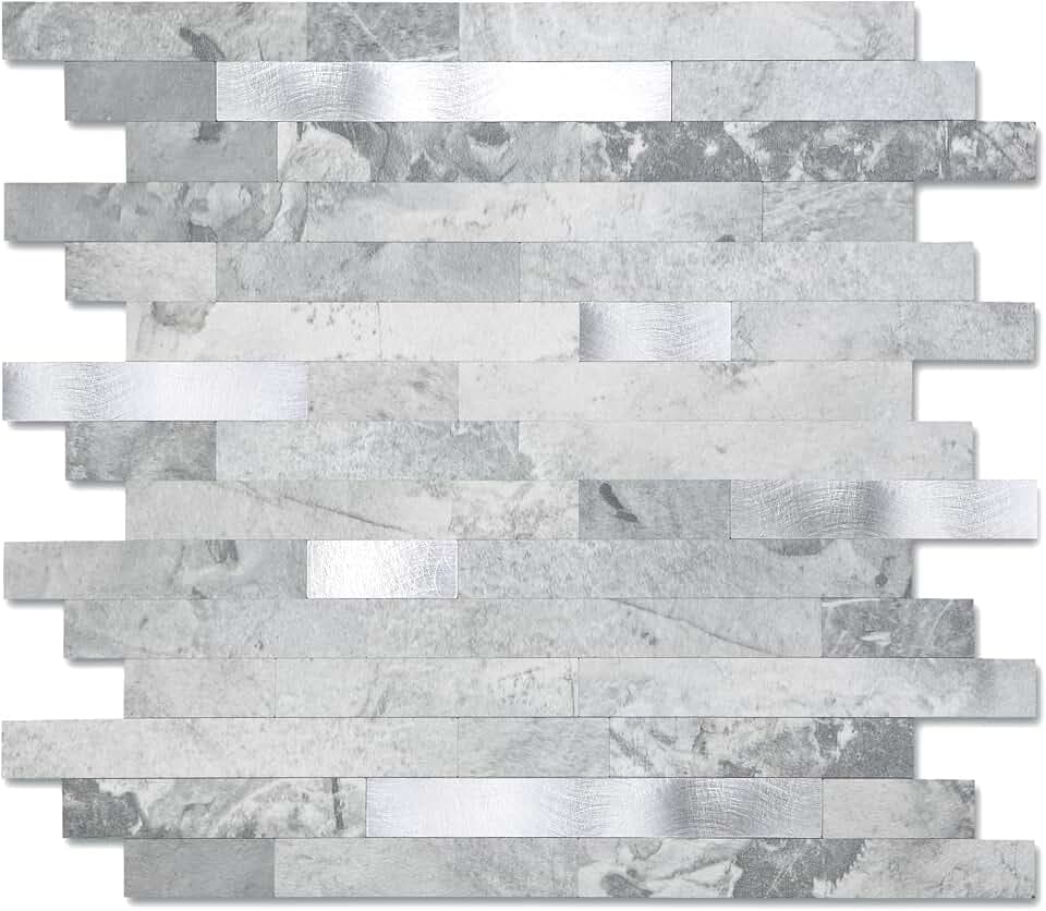 Yipscazo 20 Sheets Peel and Stick Stone Metal Tile Backsplash, Stick on Tiles for Backsplash Kitchen, Bathroom, Laundry Room, Camper, Fireplace (12'' X 12'', Gray Stone with Metal)