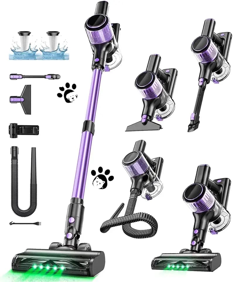 Akku Staubsauger, Staubsauger Kabellos Laufzeit mit LED Display und Anti Tangle Bürste, 73cm Ausziehbarer Schlauch für Hartböden Teppiche Tierhaare,Violett