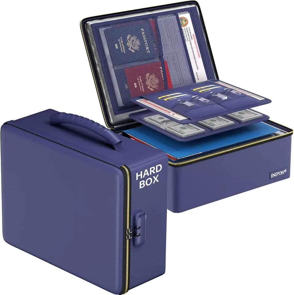 ENGPOW Fireproof Document Box with Lock & Heat-Resistant Fireproof Zipper