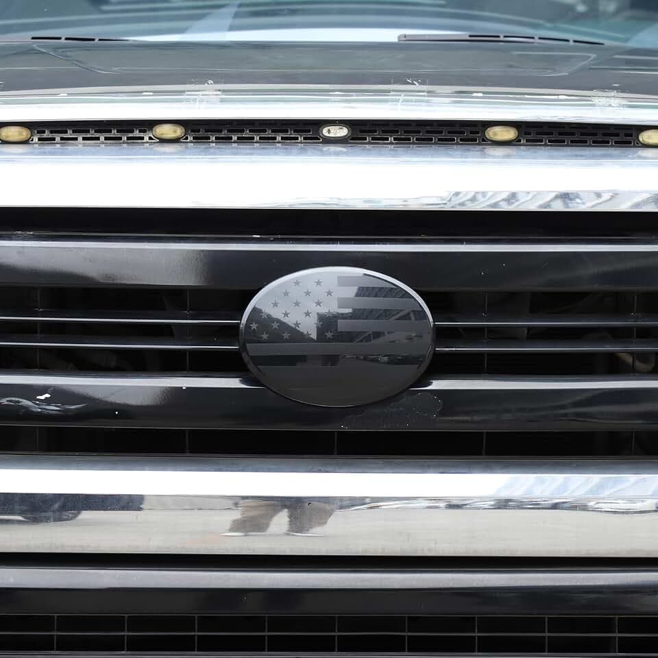 Car Front Emblem Trim Cover Compatible with Toyota Tundra 2007-2026, ABS Front Grille Emblem Smoked Badge Logo Cover Circle Ring Decorative Overlay Accessories (Black-US Flag, 2014-2017)