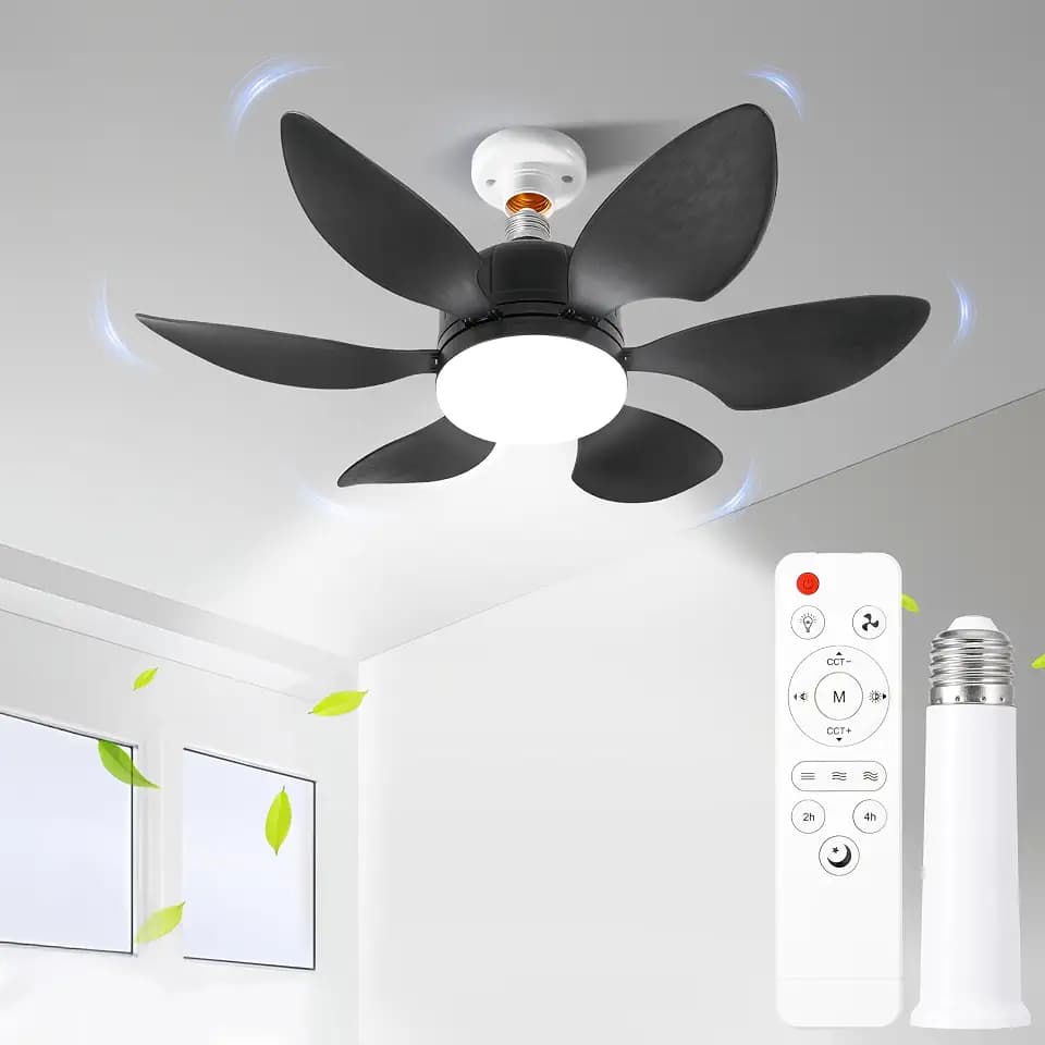 RWNTAO Black Socket Fan Light with Remote, Portable Small Ceiling Fans with Lights for Bedroom, Living Room, E27 Base, Ceiling Fan Light with Socket Extender, 3 Color Stepless Dimming, 2/4H Timing