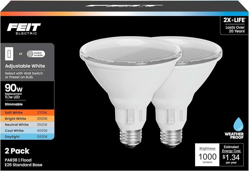 Feit Electric PAR38 LED Reflector Light Bulb, 90W Eq, 5CCT 6Way, 2 Pack