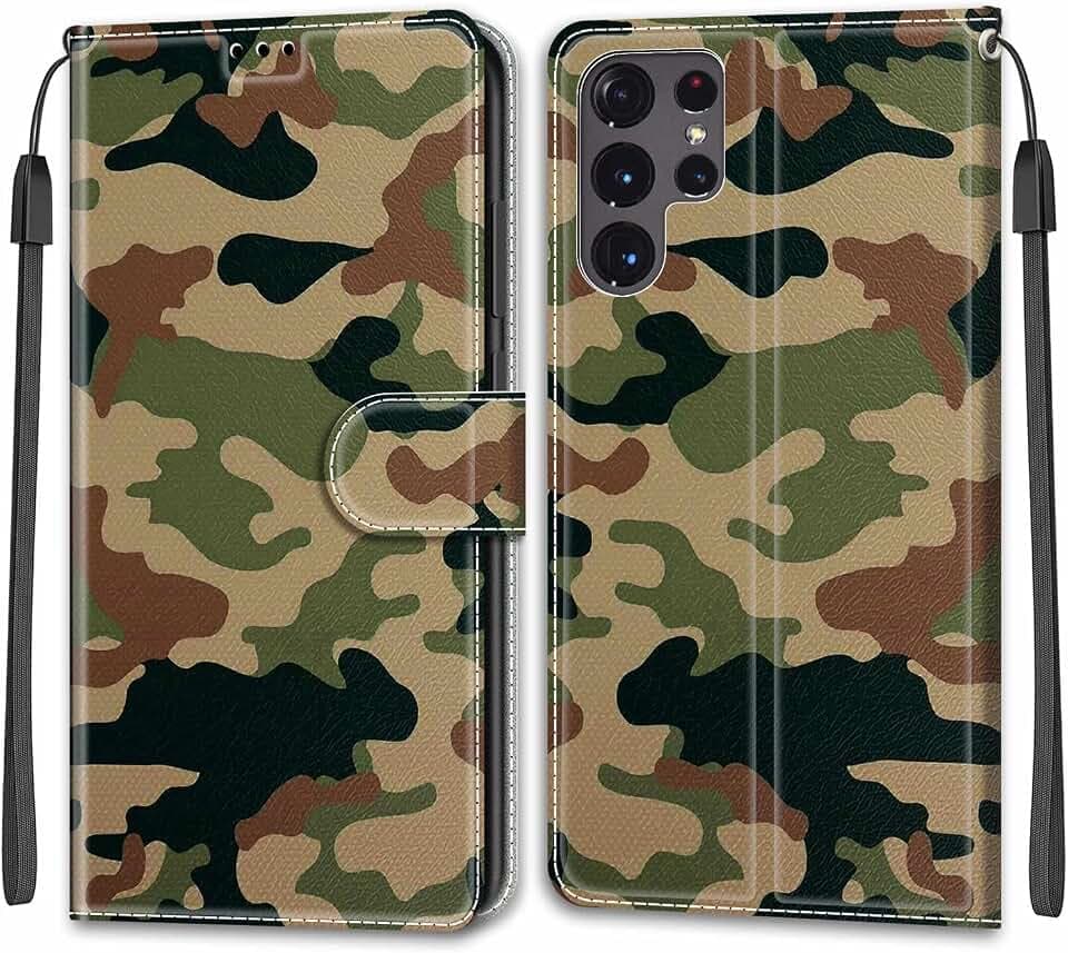 Kompatibel mit Samsung Galaxy S22 Ultra Hülle, Handyhülle Samsung S22 Ultra, Galaxy S22 Ultra Schutzhülle Wallet Leder Klappbar Kartenfach Magnet Klapphülle Case Lederhülle (Tarnung)