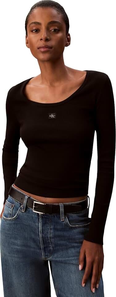 Calvin Klein Damen Ls Woven Label 2x2 Baby Rib Scoo Lv047d218g T-Shirts