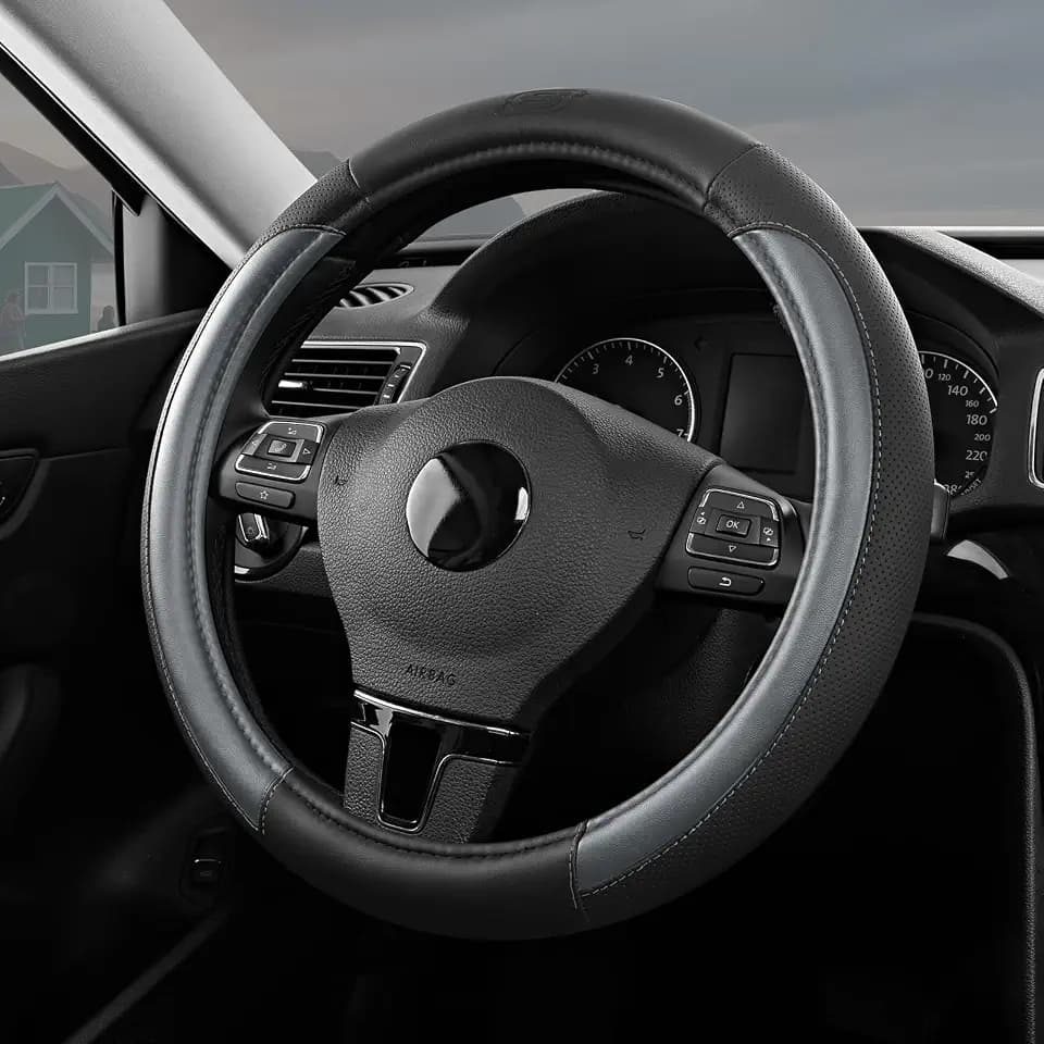 Skechers Steering Wheel Cover Memory Foam,Luxury Leather Steering Wheel Covers,Universal Anti-Slip Fit 14" 1/2-15" Car Wheel Cover for Stylish Car Decor Gifts Fit Suvs,Vans,Sedans,Car,Trucks,Grey