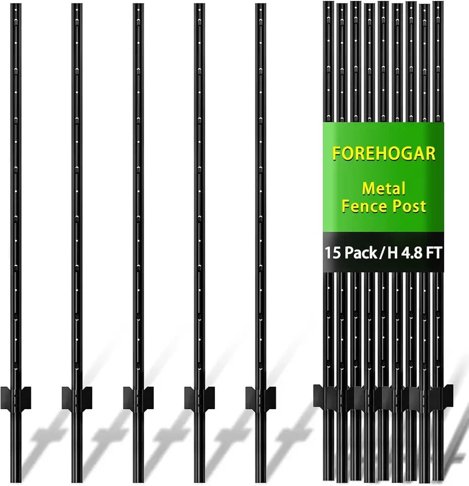 4.8 ft Black Metal Fence Post, T Posts Fencing for Wire Mesh Fence, 15-Pack