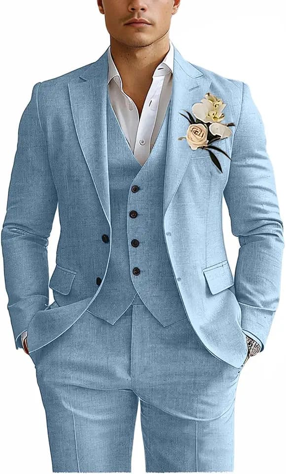 Linen Mens Suits 3 Piece Slim Fit Tuxedo Suit for Men Beach Wedding Prom