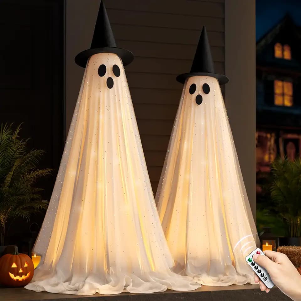 2 Packs 5.5 FT Light Up Ghosts Halloween Decorations Outdoor, Halloween Party Decorations Indoor with Double-Layered Fabric, Remote Control & Timer, Spooky Ghost Decor for Porch Yard Patio Lawn