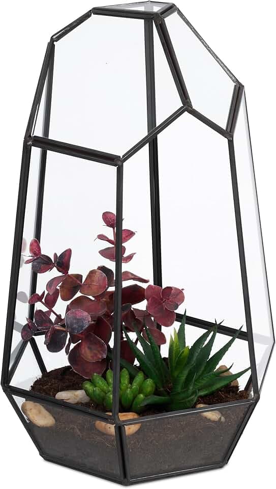 Relaxdays Pflanzenterrarium, Glas & Zinn, Deko Glashaus für Kakteen & Moos, offener Glaskasten für Fensterbank, Farbwahl