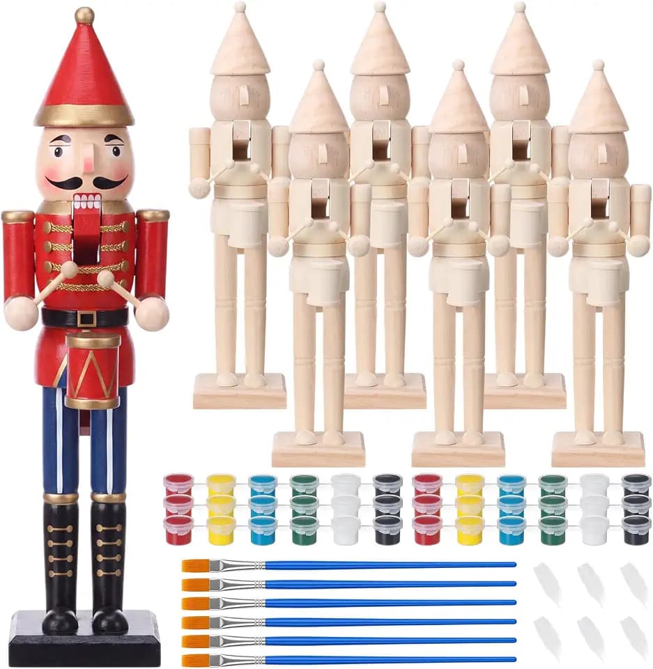 Vercraft 6 Sets Large Christmas Nutcracker Drummer Wood Paint Kit 15 Inch DIY Unfinished Wooden Nutcracker Drummer Figures with Paints, Brushes and Fake White Beards for Painting Craft Xmas Decor