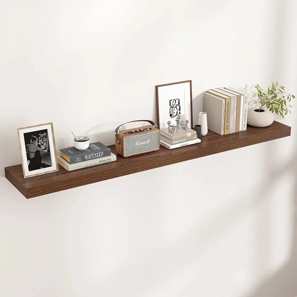 Venusmiles Floating Shelves for Wall, Engineered Wood Wall Shelves with Invisible Brackets for Living Room Bedroom Bathroom Office Kitchen Decor and Storage (Walnut, 55" W x 9" D x 1.5" H) Set of 1