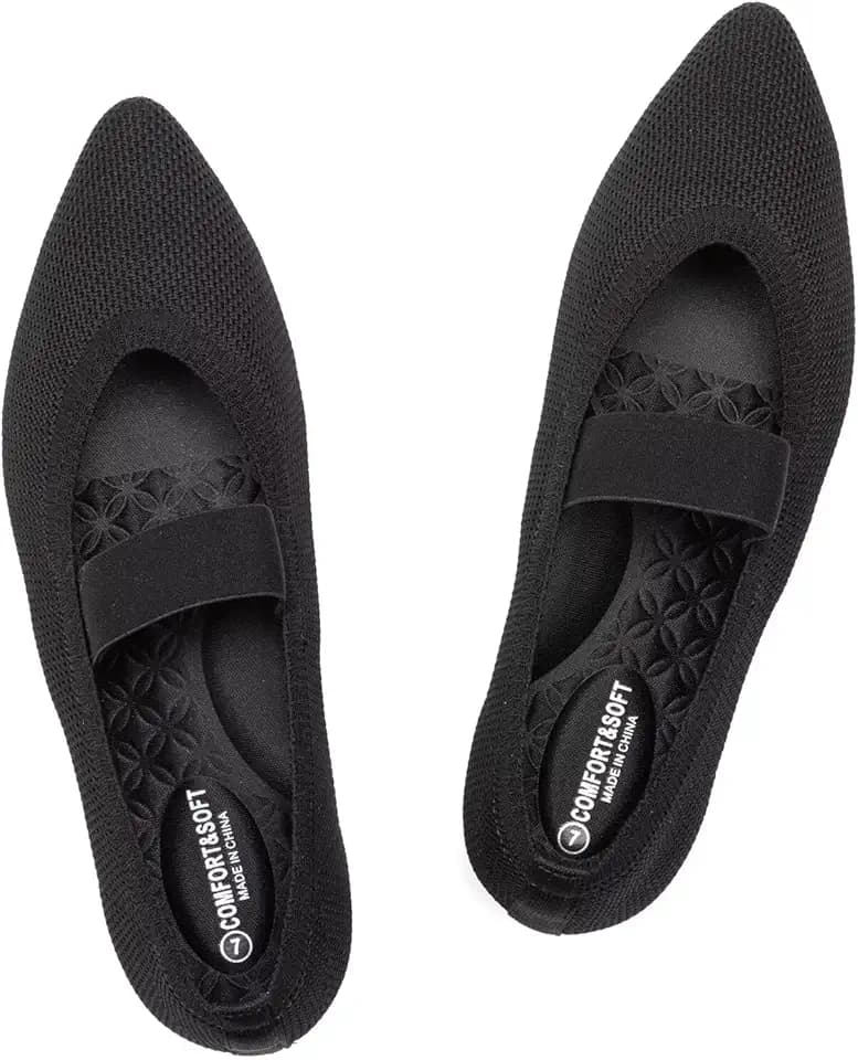 Frank Mully Womens Knit Flats Pointed-Toe Shoes with Elastic Straps Ballerina Flat Shoes for Women Dressy