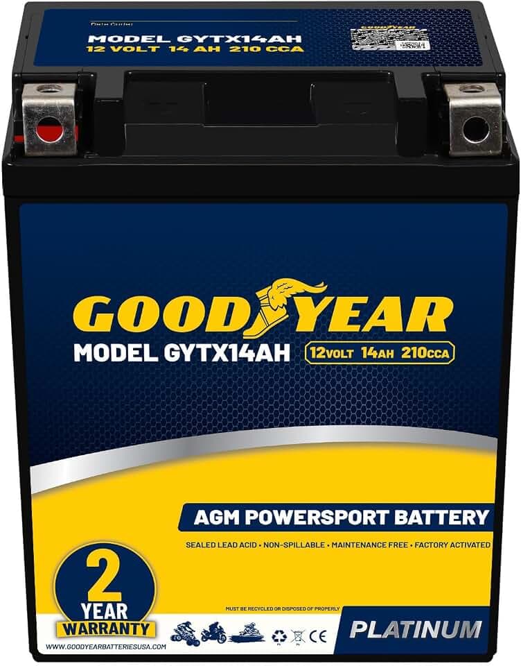 Goodyear GYTX14AH - 12 Volt 14 AH, 210 CCA, Rechargeable High-Performance, Maintenance Free, SLA - AGM Battery for Motorcycle, ATV, UTV, 4-Wheeler, Snowmobile, Watercraft and more!