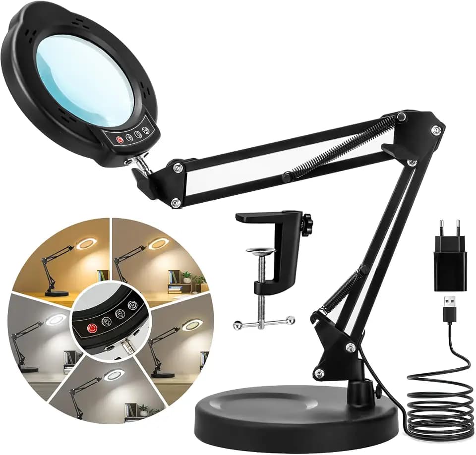 LED Lupenleuchte, 10X Lupe mit Licht 5 Farbmodi Stufenlos Dimmbar, LED Beleuchtete Lupe mit Licht und Klemme Ständer, Hände Frei für Handwerk Malerei Schließen Arbeit Lesen Basteln Schwarz