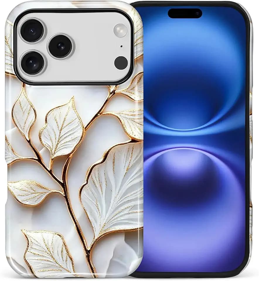 for iPhone 17 Pro/iPhone 18 Pro Case,Hybrid 2-Layer Hard Shell + Silicone Protective Case -Resistant Shockproof- Gilded White Marble Leaves