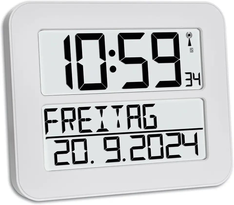 TFA Dostmann Timeline Max Digitale Funkuhr, 60.4512.02, Wanduhr zur einfachen Zeitorientierung, mit Wochentag und Weckfunktion, Tischuhr, für Senioren geeignet, besonders übersichtlich, weiß