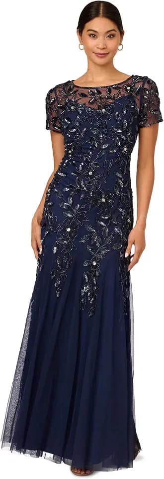 Adrianna Papell Women's Beaded Gown with Godets - Floor Length Gown with Floral Embellishments & Cap Sleeves