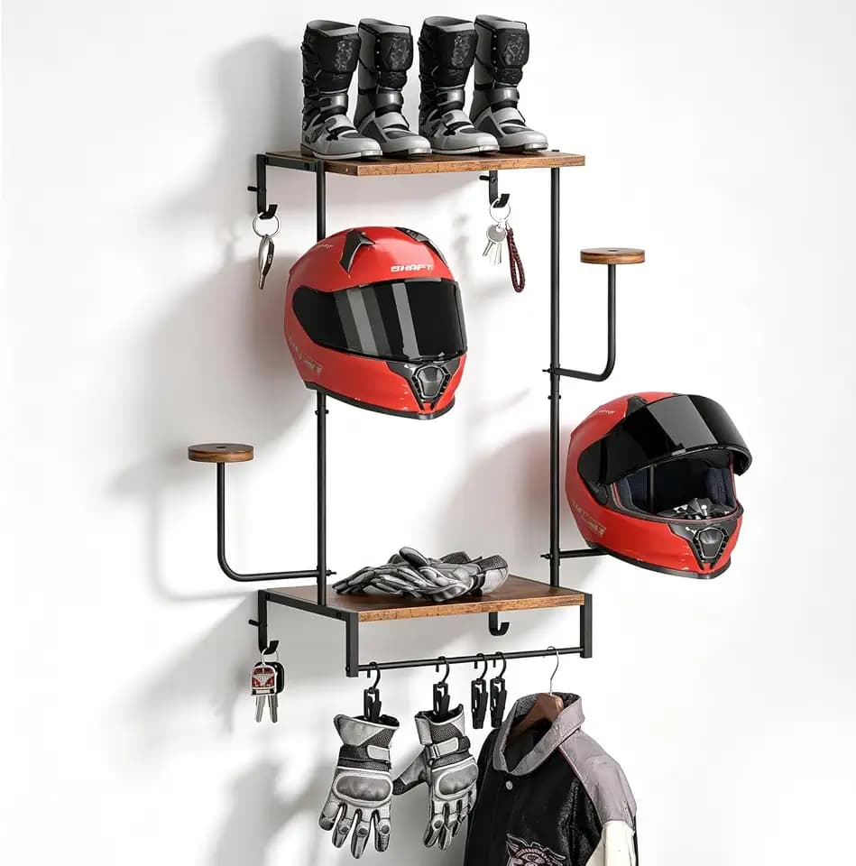 Urban Deco Motorradhelm Helmhalterung Wand, Motorrad Helm Halterung Wand mit 4 Hutständern, Helmhalter Helmständer Wandhalterung, Motorradkleidung Aufbewahrung Gaderobe