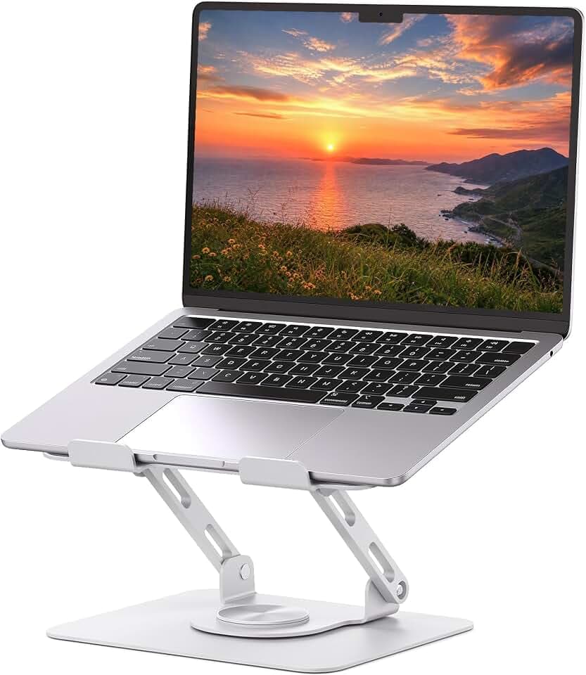 SOUNDANCE Laptopständer mit 360° drehbarer Basis, Ergonomische Computererhöhung für Schreibtisch, Einstellbare Höhe, Faltbare Laptophalterung, Stabile Unterstützung 10-15,6 Zoll Notebook, Weiß