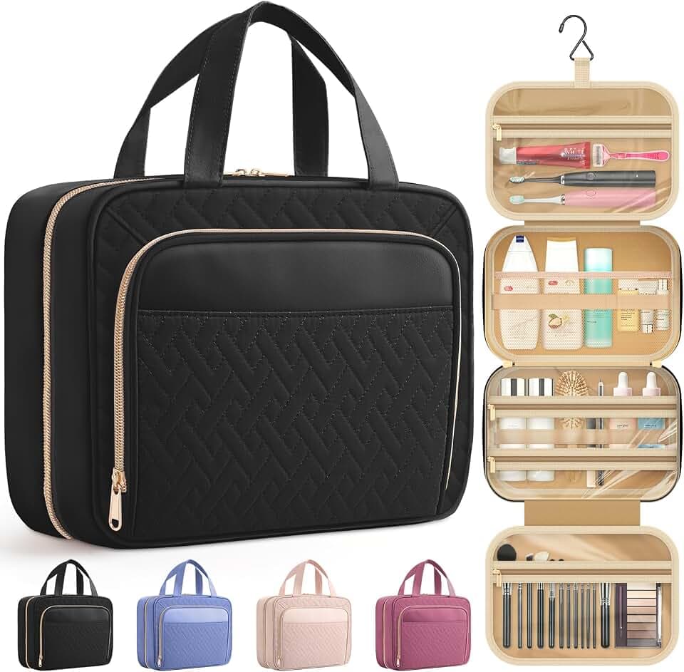 HOTOR Hanging Travel Toiletry Bag Women Men, Black, Large