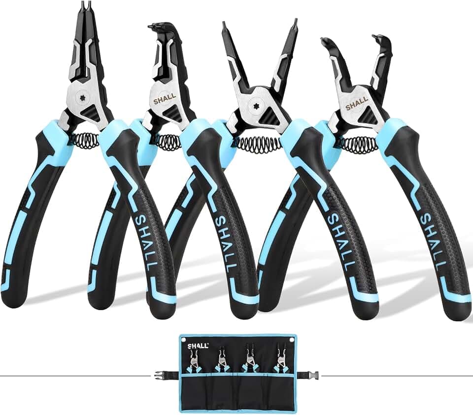 SHALL Sprengringzangen-Set, 4-teiliges robustes 7-Zoll-Sicherungsringzangen, Sicherungsringzange mit 5/64-Zoll-Spitze, umgekehrte Zange für Ringentferner-Halterung mit tragbarer Tasche