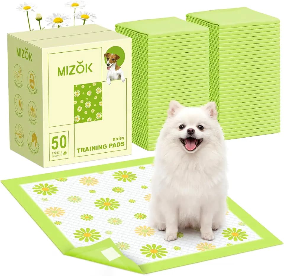 MIZOK Puppy Pads with Adhesive Tabs Green Daisy Prints Small 22x22in 50Ct
