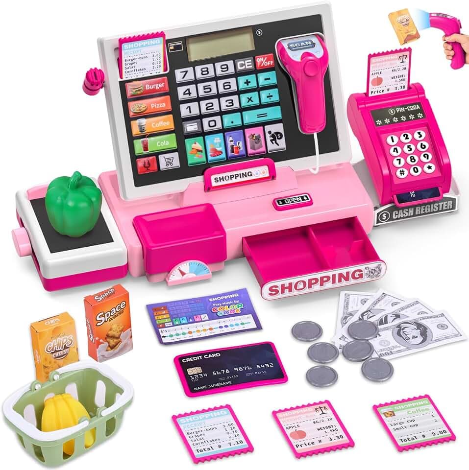 Elektronische Spielzeug Kasse Kinder mit Scanner und Sound, Supermarktkasse Rollenspielzeug, inkl. Zubehör(spielgeld, einkaufskorb, Waage), lernspielzeug/Spielkasse für Kinder ab 3 Jahren (Rosa)