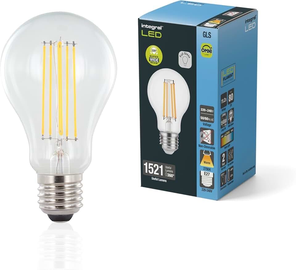 Integral LED E27 GLS A60 Omni-Filament Warm 2700K, 1521LM, 11.2W (entspricht 100W) Nicht dimmbare Lampe - 2 Packung - Energieeffizient. Für Schlafzimmer, Flur, Wohnzimmer & mehr